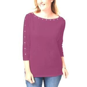 Women's Karen Scott Cotton Boat Neck Studded Top – Autumn Berry